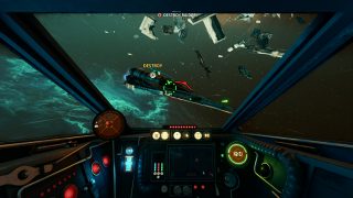 This image shows a first-person pilot view of an enemy ship. There is a target-icon that says destroy.