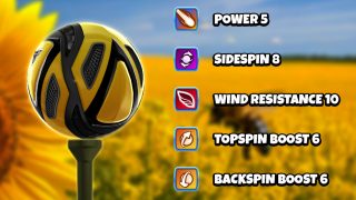 Image and infographic of the Swarmstinger Ball. Statistics for it are displayed on the right side.