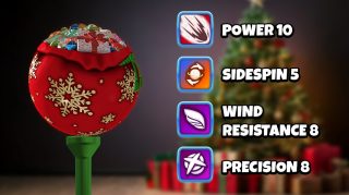 Image and infographic of the North Pole Bundle's Festive Ball. Statistics for it are displayed beside it.