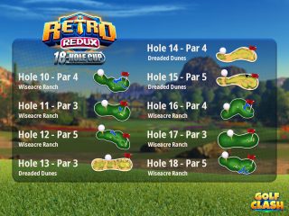 Infographic of the Retro Redux 18-Hole Cup. The location for each holes are listed in the image.