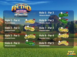 Infographic of the Retro Redux 18-Hole Cup. The location for each holes are listed in the image.