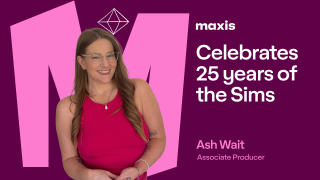 Immagine di Ash Wait davanti alla grafica di Maxis per il 25° compleanno di The Sims.