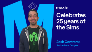 JoAnna Lio smiler foran en grøn Maxis-baggrund med en plumbob over hovedet. Teksten siger: “Maxis fejrer 25 år med The Sims.”