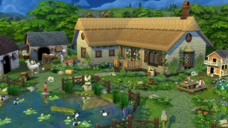 Varios Sims caminan por el patio de una cabaña. Hay numerosos animales, desde patos y gallinas, hasta llamas y vacas.