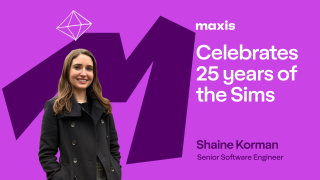 Una mujer posa. El texto dice: Maxis celebra los 25.º años de Los Sims. Shaine Korman Directora Técnica / Ingeniera de Software Senior.