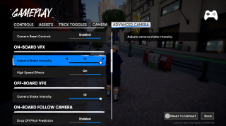 Video game “Gameplay” settings under “Advanced Camera,” showing options like Camera Shake Intensity, Drop Off Pitch Prediction, and Collision Horizontal Offset set to 6. Tooltip explains horizontal collision movement.