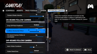 Video game “Gameplay” settings under “Advanced Camera,” showing options for Camera Shake Intensity, High Speed Effects, and Drop Off Pitch Prediction. Tooltip describes camera shake adjustment.