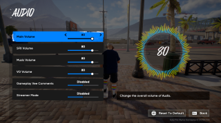 “Audio” settings menu showing sliders for Main, SFX, Music, and VO Volume, all set to 80. Gameplay Vee Comments and Streamer Mode are disabled. A large circular audio visualizer on the right displays the number 80. Background shows an outdoor area with palm trees and buildings.