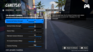 Video game “Gameplay” settings menu under the “Camera” tab showing options like Horizontal and Vertical Follow Strength, Field of View, and Invert Vertical Camera Controls, set to Off. Background shows a city plaza with palm trees.