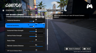 Video game “Gameplay” settings under “Camera,” focused on On-Board Camera options such as Horizontal and Vertical Follow Strength, Field of View, and Camera Framing set to High. Tooltip explains horizontal camera strength.