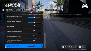 Video game “Gameplay” settings under “Camera,” showing Off-Board Camera options including Horizontal and Vertical Sensitivity, Follow Strength, and Field of View. Tooltip describes vertical sensitivity control.