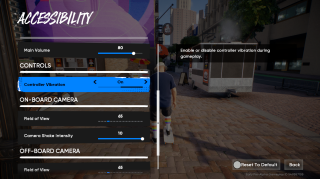 “Accessibility” settings menu showing options for Main Volume, Controller Vibration (set to On), and camera settings for on-board and off-board play, including Field of View and Camera Shake Intensity. Tooltip explains enabling or disabling controller vibration. Background shows a character skateboarding near a food truck in a city street.