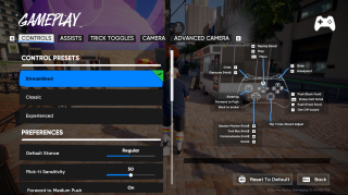 “Gameplay” settings under “Controls” showing control presets with “Classic” selected. Preferences below include Default Stance set to Regular and Flick-It Sensitivity at 50. A gamepad diagram on the right labels buttons for grabs, tricks, and movement.