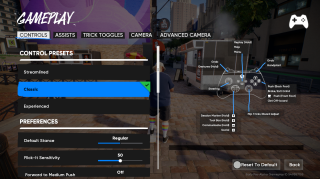 “Gameplay” settings under “Controls” showing control presets with “Experienced” selected. Preferences include Default Stance: Regular and Flick-It Sensitivity: 50. The controller layout diagram on the right highlights advanced button mappings.