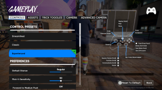 “Gameplay” settings under “Controls” showing control presets with “Streamlined” selected. Preferences section lists Default Stance as Regular and Flick-It Sensitivity as 50. A gamepad diagram on the right labels simplified button functions.