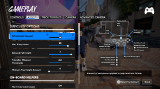 “Gameplay” settings menu under the “Assists” tab, showing Difficulty Options such as Grind Assist Amount set to 50, Vert Pump Assist at 85, and Allowed Fall Height at 2. Tooltip explains assistance applied to help land into grinds. A controller diagram on the right labels button functions.