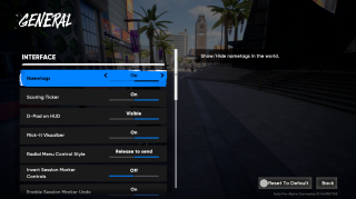 Video game settings menu showing the “Interface” options under “General,” with “Nametags” set to On and other HUD and control settings listed. Background shows an outdoor plaza with palm trees and buildings.