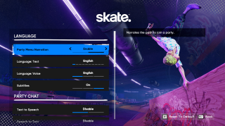 The skate. game's accessibility menu is open, showing Party Menu Narration enabled, language options for text and voice in English, and subtitles turned on. A skater performs a handstand trick on the right.
