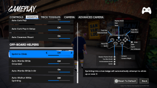 “Gameplay” settings under the “Assists” tab showing Off-Board Helpers options such as Sprint to Climb (Off), Auto-Mantle While Grounded (Off), Auto-Mantle While in Air (On), and Auto-Wallrun While Sprinting (Off). Tooltip explains sprinting into a low ledge will automatically attempt to climb up or over it. A controller diagram on the right labels button functions.