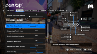“Gameplay” settings under the “Assists” tab showing options like Semi Auto Pumping, Prevent Low Air Spins, Require Grab While Flipping, and Auto Caveman Mount set to On. Tooltip explains performing an in-air mount from the ground automatically.