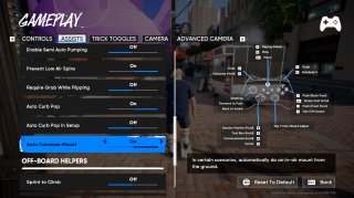“Gameplay” settings under the “Assists” tab showing On-Board Helpers such as Flip Tricks Catch Assist (Off), Streamlined Flick-it Tricks (Off), and Semi Auto Pumping (Off). Tooltip explains flip tricks will always catch before landing.