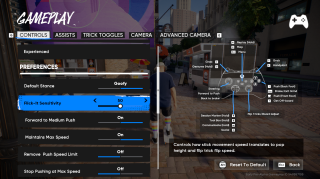 “Gameplay” settings under “Controls,” showing the Preferences section with Default Stance set to Goofy and Flick-It Sensitivity at 50. Tooltip explains how stick movement speed affects trick height and flip speed.