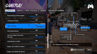“Gameplay” settings under “Controls,” with options like Back to Brake, Hold Fakie Stance, and Use Front/Back Foot Push Controls visible. Tooltip explains pulling back to brake while on-board.