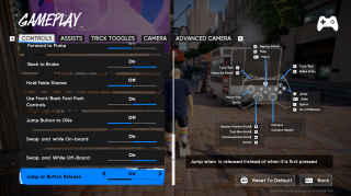 “Gameplay” settings under “Controls,” showing advanced options such as Forward to Pump, Hold Fakie Stance, and Jump on Button Release set to Off. Tooltip explains jumping when the button is released.