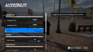 Settings menu showing the “Interface” options under “General,” with “Nametags” set to On and other HUD and control settings listed. Background shows an outdoor plaza with palm trees and buildings.