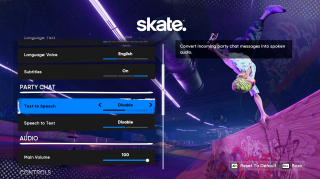 The skate. game’s accessibility menu displays options for party chat text to speech and speech to text features, with sliders for language and main volume settings. A skater performs a trick on the right side.