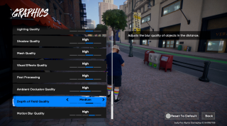 Video game “Graphics” settings menu showing options like Lighting, Shadow, Mesh, and Visual Effects Quality all set to High. The highlighted “Depth of Field Quality” is set to Medium, with a tooltip explaining it adjusts blur quality of distant objects. Background shows a city street with a player character and mailboxes.