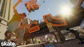 A skateboarder performs a trick in a vibrant urban setting with colorful banners, under a bridge, as the sun shines brightly in the background.