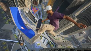 A person in a loose-fitting t-shirt and baseball cap does a skateboard stunt far above the ground, surrounded by tall buildings.