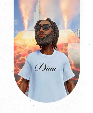 A blue t shirt with the logo for the Dime clothing brand.
