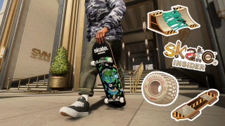 Image of of a skate. Insider deck being shown off, with skate. stylized stickers shown on the right.