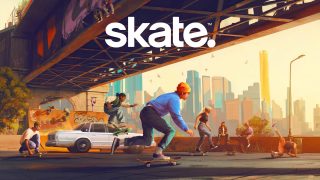 Skateboarders perform tricks under a bridge in an urban setting, with some graffiti and a city skyline in the background. The skate.™ logo is overlayed on top.