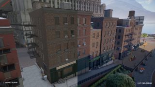 Side-by-side comparison of city block near the Canal District highlighting visual improvements between 0.26 and 0.27 updates