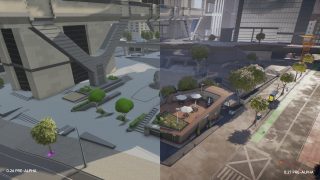 Side-by-side comparison of city block near the Financial District highlighting visual improvements between 0.26 and 0.27 updates