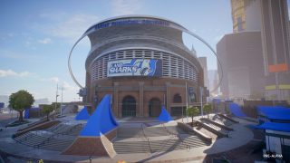 Lucre Financial Coliseum, home of the Land Sharks. Large sports stadium with blue highlights. 