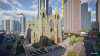 Church in city. Showcases skateable area with high-rises and skyscrapers in background. 
