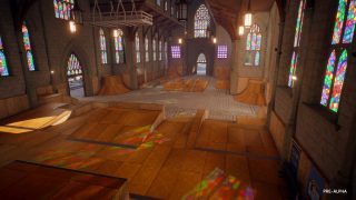 Church interior, highlighting funboxes and other skateable features in stained glass window glow.