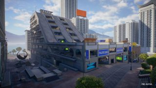 Huge parking structure for skating and tricks, with ramps on edge to launch yourself into the city. 