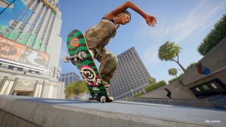 Skater in camo cargo pants grinding a ledge on a Full Circle skateboard with a skyscraper in the background.