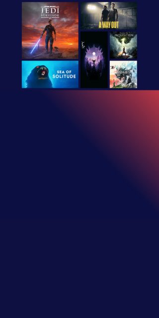 Background image of the EA Play Thrilling Collection promotional art (featuring key art from other titles such as; Dead Space, A Way Out, Dragon Age: The Veilguard, Sea of Solitude, and more). Placed over the EA Play gradient theme.