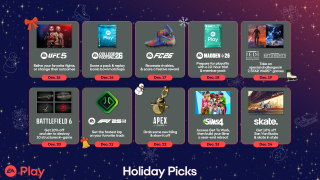 EA Play Holiday Picks: Game offers include UFC 5, College Football 26, FC 25, Madden 26, Jedi Survivor, Battlefield 6, F1 25, Apex, The Sims 4, and Skate on specific dates.