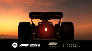 Silhouette d’une voiture de Formule 1 qui se détache sur un ciel illuminé par un coucher de soleil. Les logos d’EA Sports, de F1 25, de F1 : Le film et des Scénarios de chapitre sont affichés ci-dessous.
