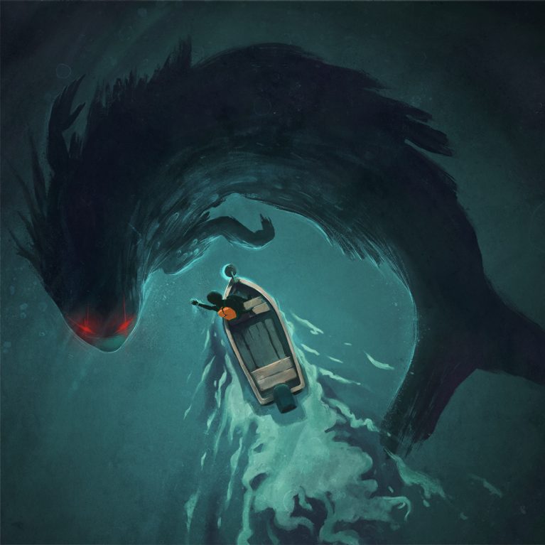 Drawing of someone on a boat in a lake or sea, with a huge red-eyed monster hovering under the surface.