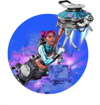 Une femme aux cheveux magenta en armure bleue saisit un robot flottant avec des propulseurs ; fond bleu vif, violet et à éclairs d'énergie, sans texte ni interface utilisateur.