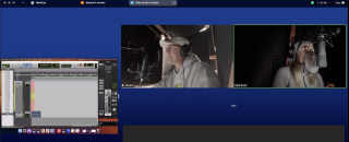 A virtual meeting screen with audio editing software on the left and two participants on the right, each in a recording booth with microphones and headphones.