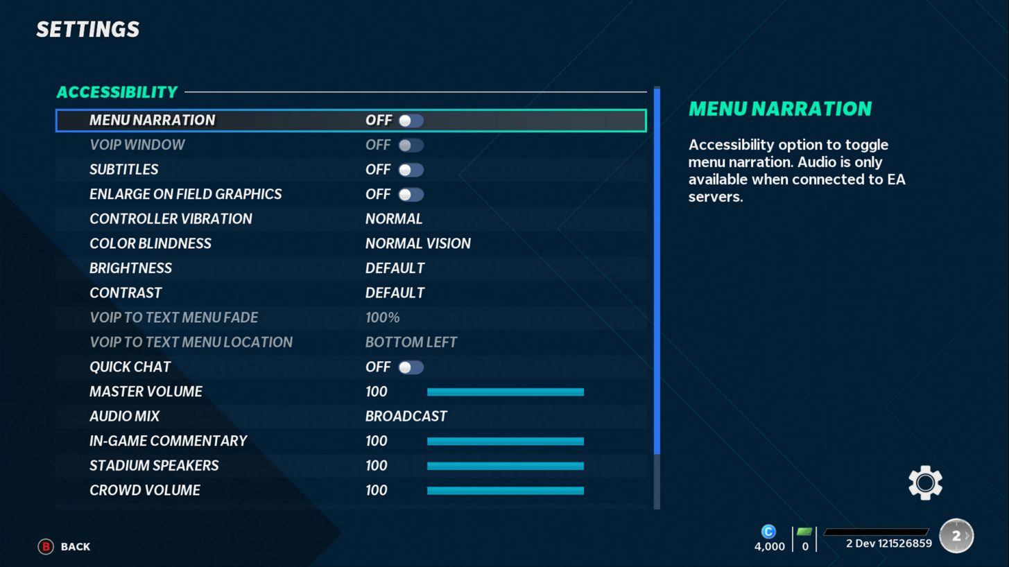 Madden NFL 21 Accessibility Settings For Xbox One
